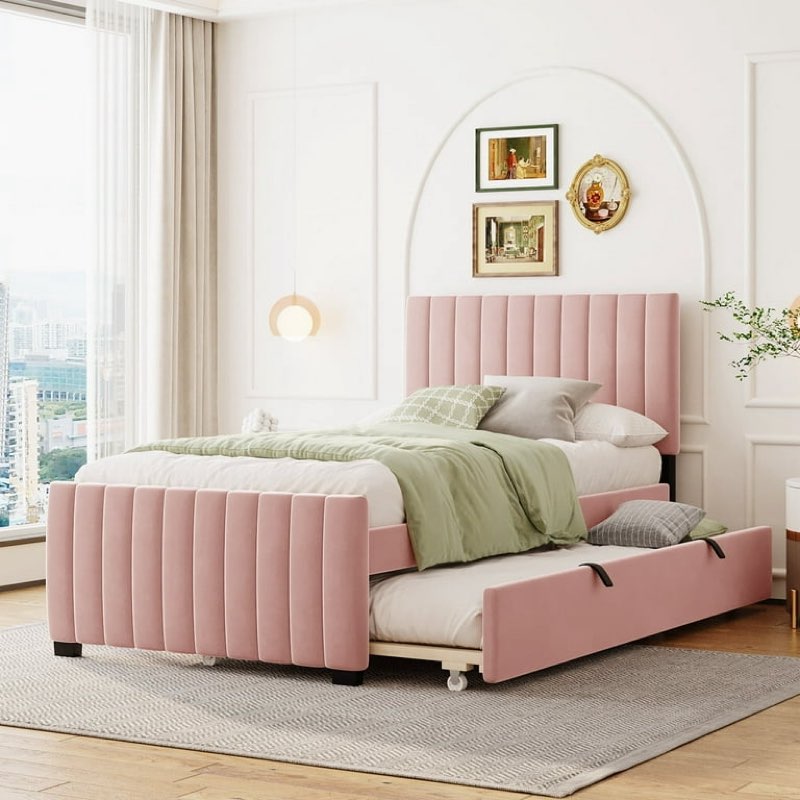 (Incomplete Set, Only Box 2 of 2) DreamBuck Twin Size Platform Bed with Twin Size Trundle, Velvet Platform Bed Frame with Upholstered Headborad, Bed Frame for Teens Adults, Modern Velvet Standard Beds for Bedroom Apartment, Pink