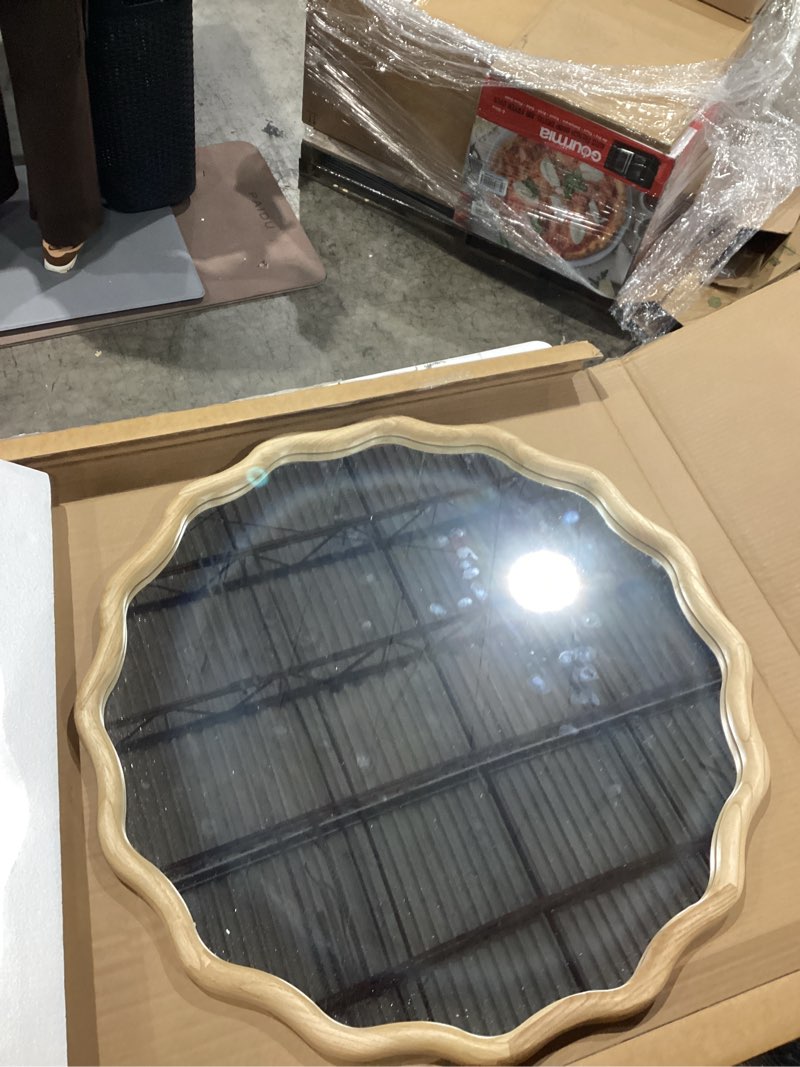 Condition photo showing Good Condition for circle wood mirrors for wall, wavy round bathroom scalloped mirror wooden frame 28 inch for living room farmhouse bedroom hallway entryway living room with shatterproof glass wall mounted natural wood 28"l x 28"w