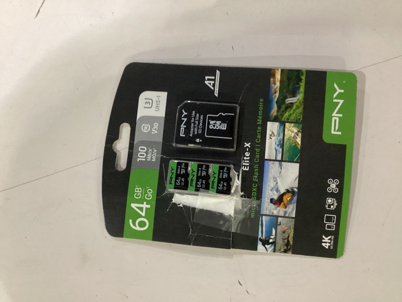 Condition photo showing New/Like New for PNY 64GB Elite-X Class 10 U3 V30 microSDXC Flash Memory Card, 3 Count (Pack of 1) - 100MB/s, Class 10, U3, V30, A1, 4K UHD, Full HD, UHS-I, Micro SD 64GB 3-Pack