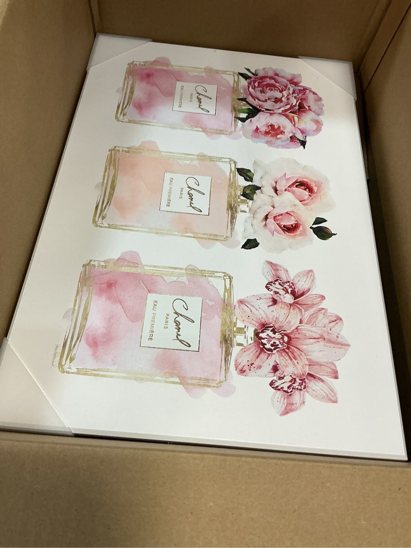 Condition photo showing Good Condition for stupell industries 'pink flowers & perfumes glam', framed giclee art, black, 20 x 16 inches, easy to hang and sturdy, made in usa, by amanda greenwood black framed box frame (mdf - 1.5" depth) 20"l x 16"w