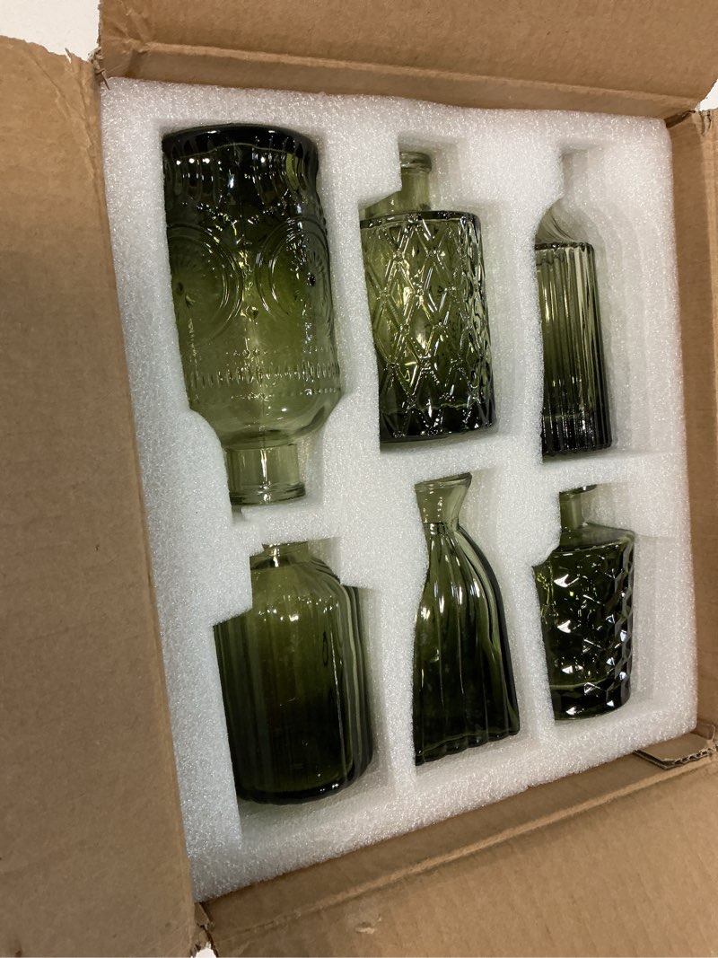 Condition photo showing Good Condition for 12pcs glass bud vase set, small green flower vases for centerpieces in bulk, mini vintage vase for wedding, home,table decoration green 12pcs