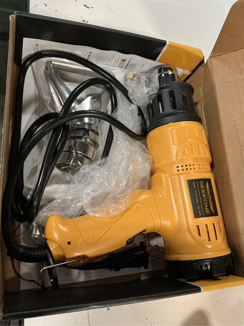 Condition photo showing Good Condition for seekone heat gun 1800w 122?-1202??50?- 650??fast heating heavy duty hot air gun kit variable temperature control overheat protection with 4 nozzles for crafts, shrinking pvc, stripping paint(5.2ft)