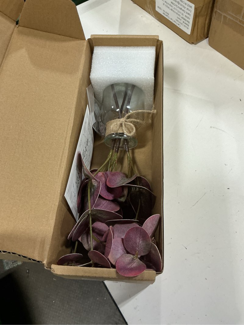 Condition photo showing New/Like New for fall artificial eucalyptus stems in glass vase with realistic faux water - 13"real touch fake potted plants, fall faux eucalyptus plant for home kitchen dining table centerpieces mantel decor red