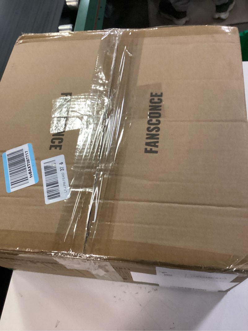 Condition photo showing New/Like New for wall mount fan with remote/app control, 16" quiet wall mounted fan with light, 3 color dimmable, 6 speed, 1/2h timer, 360° adjustable tilt plug in ceiling fan for garage, home, greenhouse, patio