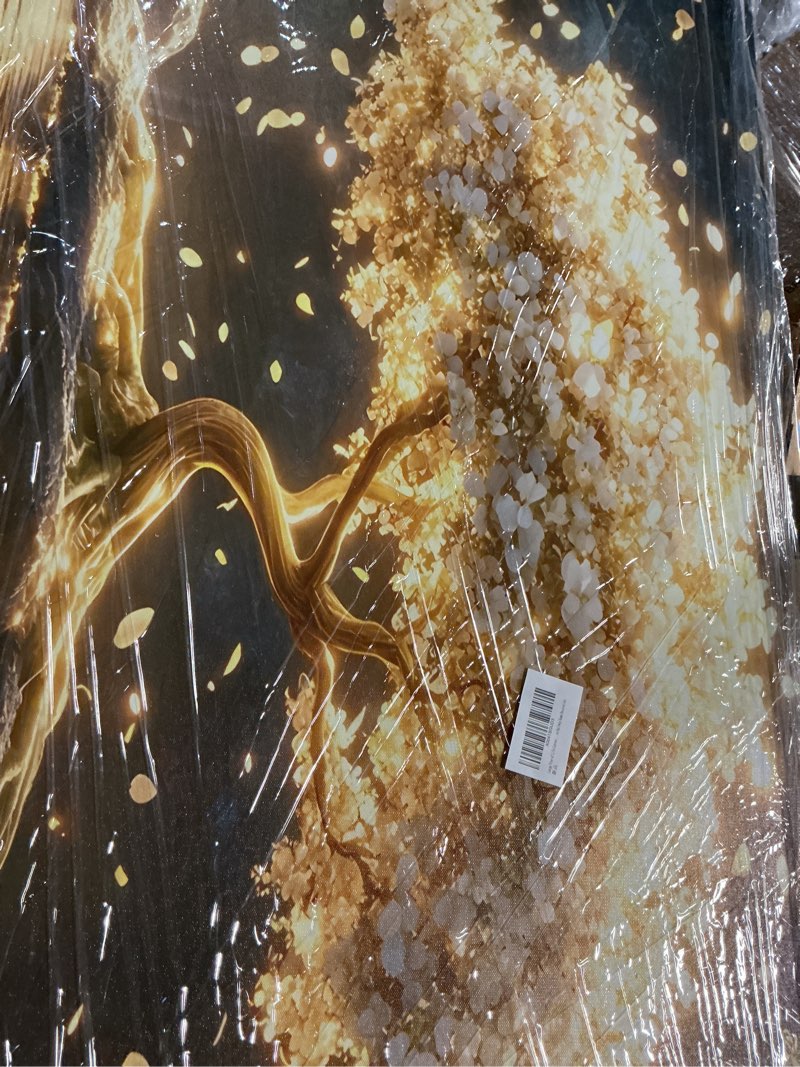 Condition photo showing Good Condition for large tree of life canvas wall art abstract gold tree mountain lake decor painting pictures nordic golden white flowers posters prints for living room bathroom bedroom office hallway home decoration tree 48"l x 24"w
