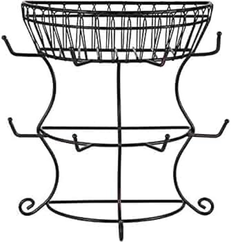 gourmet basics by mikasa 5154681 french countryside metal mug tree with storage basket, antique black
