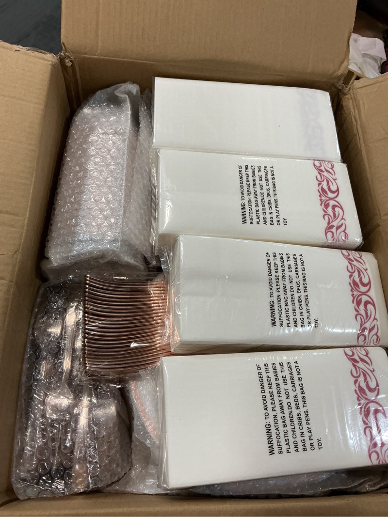 Condition photo showing New/Like New for bestvip 700 pcs rose gold disposable plastic dinnerware set for 100 guests | rose gold plates include: 200 plastic plates, 100 rose gold silverware, 100 cups, 100 napkins for party, wedding, christmas rose gold 100 guests