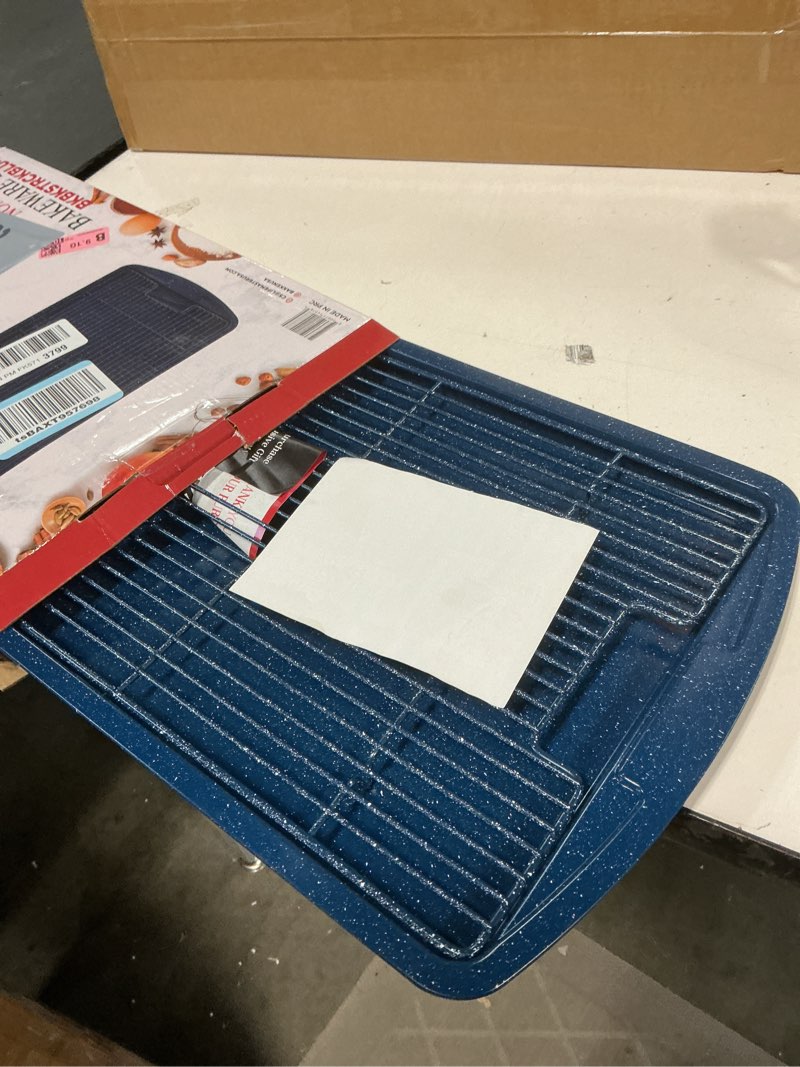 Condition photo showing Good Condition for Cookie Sheet with Wire Rack Set, 2-Piece Nonstick Blue Marble Carbon Steel Pan & Cooling Rack, Space-Saving Stackable Set, PFOA, PFOS, PTFE Free, Oven Safe Up to 450°F, 17.4" Pan & 14.7" Rack Blue Marble Pack of 2