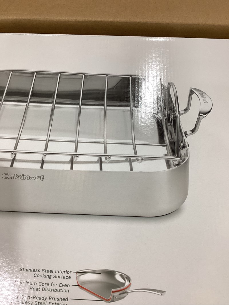 Condition photo showing New/Like New for Cuisinart Multiclad Pro Triple Ply Stainless Cookware 16-inch Roasting Pan Skillet, Rectangular Roaster w/Rack Rectangular Roaster w/Rack 16-Inch