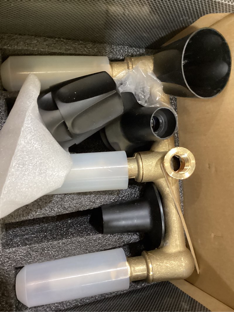 Condition photo showing New/Like New for 3 handle tub & shower rough-in valve with black trim kit,3-hole installation, 1/2-inch union inlets, 1/2-inch i.p. outlets, union nuts included 3 handle valve