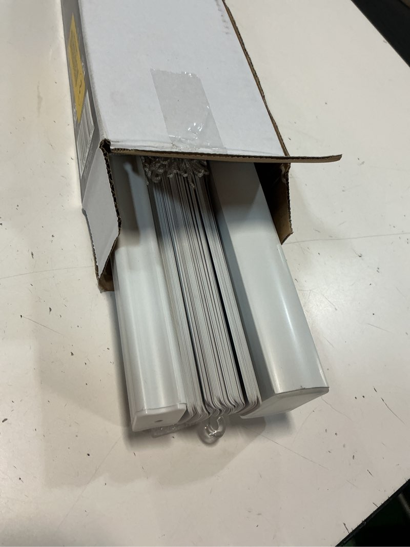 Condition photo showing As Is for project source room darkening 1-in slat width 23-in x 64-in cordless white vinyl room darkening mini-blinds