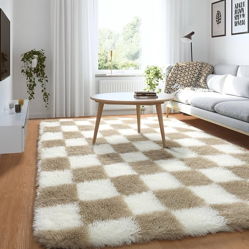 kicmor area rugs for living room, large fluffy beige and cream white checkered rug big fuzzy shag shaggy carpets for bedroom, soft plush furry rug...