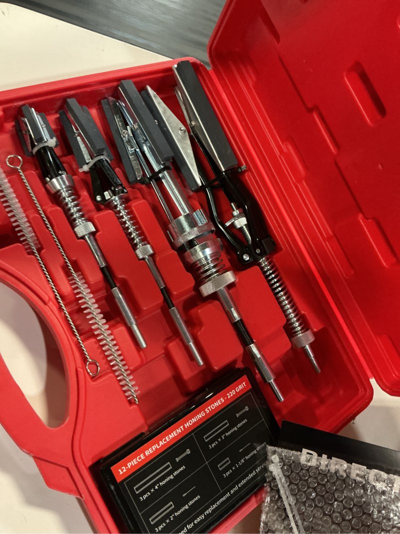 Condition photo showing Good Condition for kolvoii cylinder hone tool set, adjustable engine cylinder honing tool for 1"–7" cylinders, kit includes 1-1/8", 2", 3" & 4" hones with 12-piece 220-grit replacement stones, red storage case