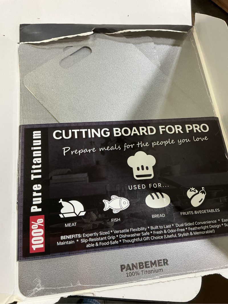 Condition photo showing New/Like New for titanium cutting boards for kitchen, set of 3 food grade 100% pure titanium double-sided chopping boards, non-toxic, dishwasher safe, easy to clean – 10", 12", 16" 3-piece set
