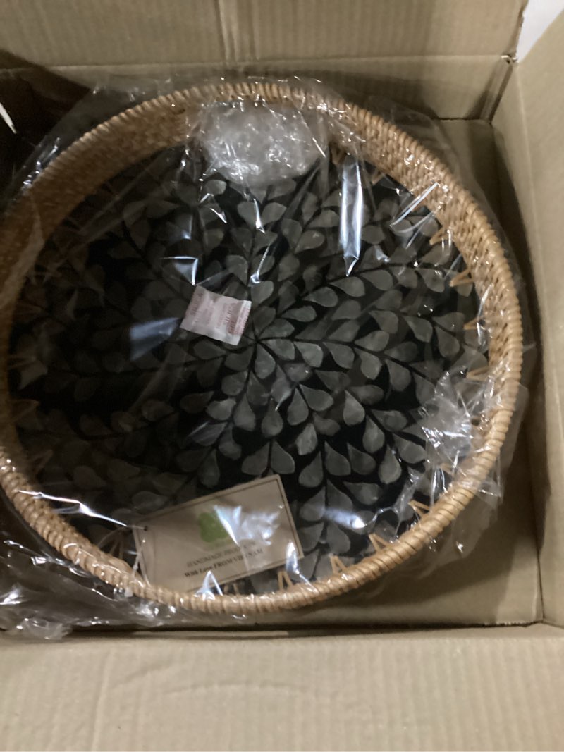 Condition photo showing Good Condition for KOLWOVEN Round Rattan Tray with Handle, Rattan Serving Tray with Mother of Pearl Inlay Wooden Base, Decorative Wicker Basket for Table (Black- White Leaves)
