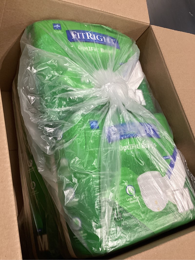 Condition photo showing New/Like New for fitright ultra heavy absorbency adult diapers for men & women, waist size: medium 32-44 inches, optifit incontinence disposable briefs with leak protection for seniors, 80 count medium 80 count