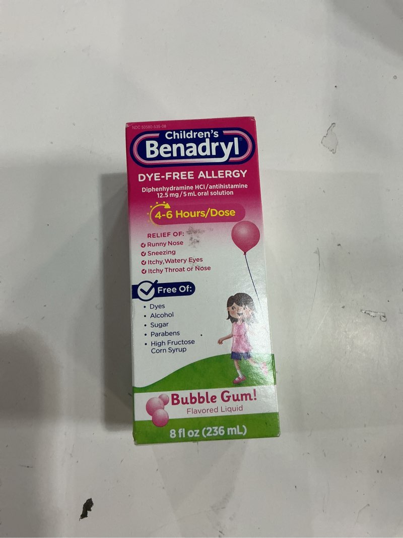 Condition photo showing New/Like New for (EXP 09/2027) Benadryl Children’s Dye-Free Allergy Relief Liquid, Allergy Medicine for Kids, 12.5 mg Diphenhydramine HCl Antihistamine, Relieves Runny Nose & Sneezing, Paraben-Free, Bubble Gum Flavor, 8 fl. Bubblegum 8 Fl Oz (Pack of 1)