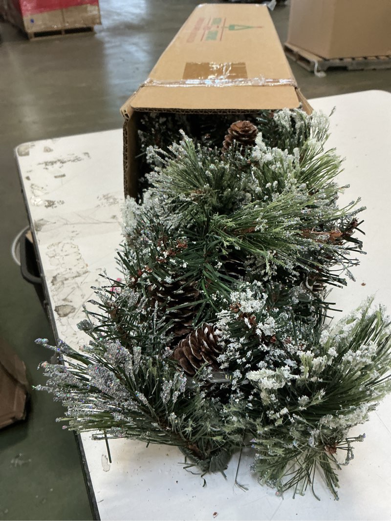 Condition photo showing Good Condition for 9FT Pre-Lit Artificial Christmas Garland with 50 Led Light, Green, Decorated with Pine Cones, Glitter Powder Gold Ball, Christmas Collection Indoor Outdoor Decor Battery Operated Polyvinyl Chloride (PVC) Gold 9FT