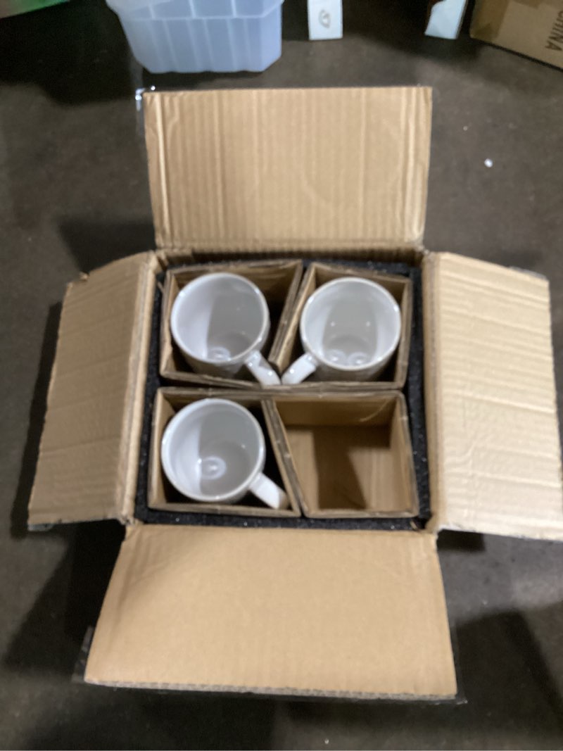 Condition photo showing Good Condition for (missing one) le tauci coffee mugs 12 oz, ceramic mug set set of 4, embossment cups for espresso, latte, tea, cocoa, cappuccino & mocha, dishwasher oven microwave safe - 3.4 inch, arctic white full:12 oz