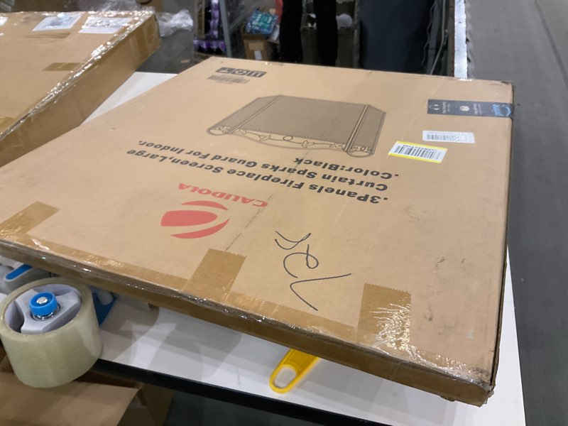 Condition photo showing As Is for 3-Panel Foldable Black Steel Fireplace Screen Spark Guard Fence,Leaf Design Screen Metal Decorative Mesh Cover Contemporary