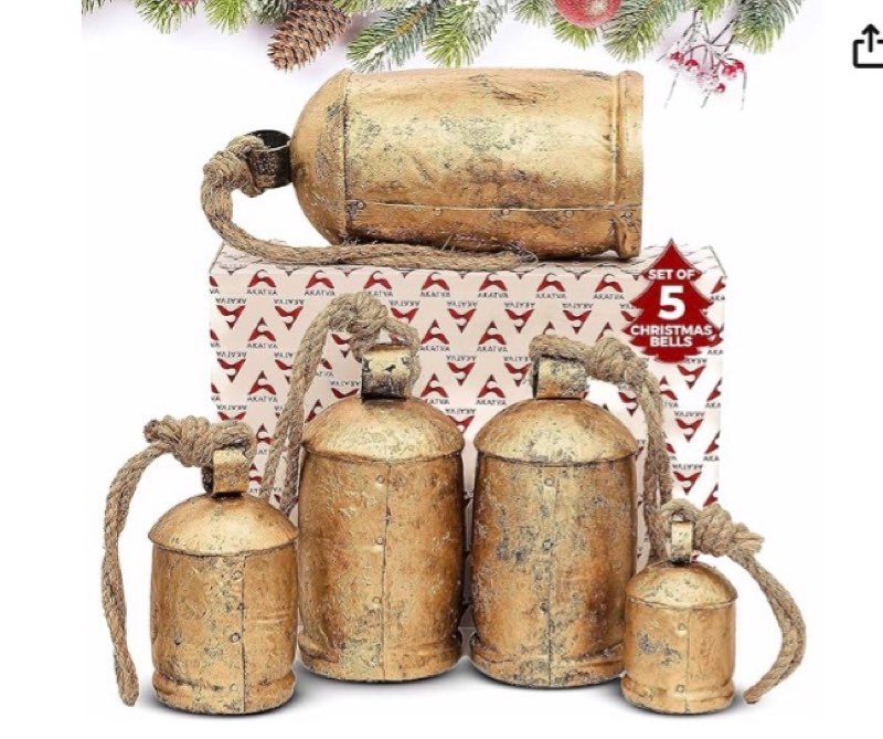 akatva large christmas bells for decoration – cow bells for rustic christmas decor – gold bells for christmas decorations – vintage christmas decor – rustic bells on rope – set of 6 pieces