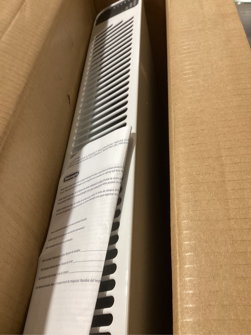 Condition photo showing As Is for De'Longhi Slim Style Convection Panel Heater, Full Room, Quiet 1500W, portable electric heater,Freestanding/easily Wall mounted, quick heat distribution, Thermostat, Timer, HSX3315FTS