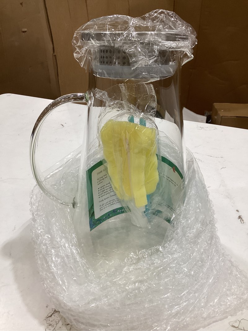 Condition photo showing New/Like New for susteas 2.0 liter 68oz glass pitcher with lid, easy clean heat resistant glass water carafe with handle for hot/cold beverages - water, cold brew, iced tea & juice, with 1 long-handled brush included 68 ounces clear
