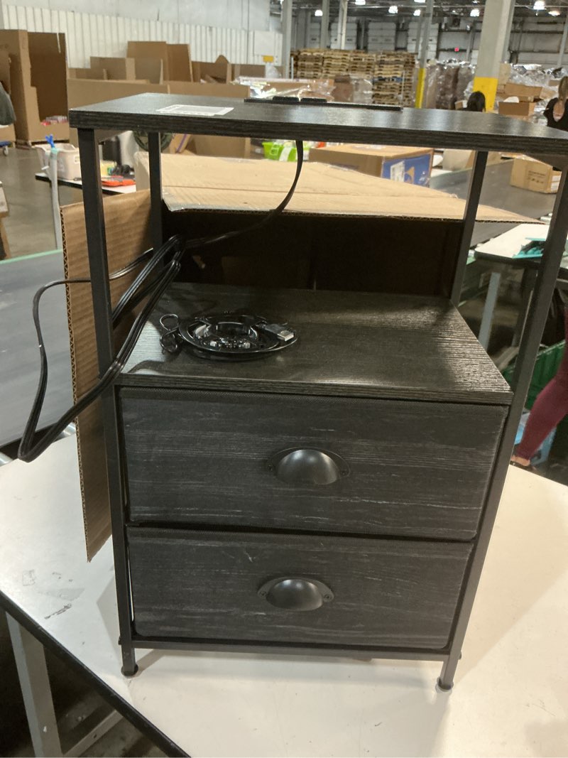 Condition photo showing Good Condition for Furologee Nightstands with Charging Station, End Table with LED Lights, Black Night Stands with 2 Fabric Drawers, Bedside Tables with Shelves for Living Room/Bedroom,Black Oak 1 PC Black Oak