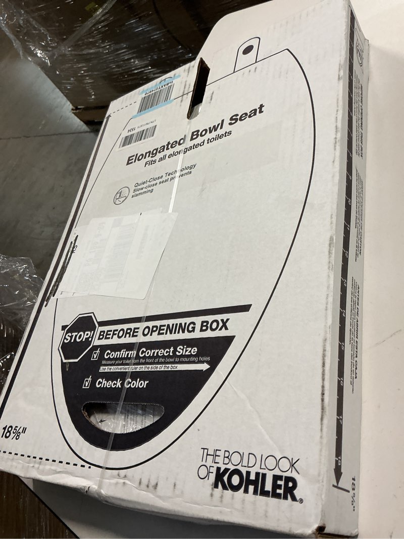 Condition photo showing New/Like New for kohler k-20110-0 brevia elongated toilet seat with grip-tight bumpers, quiet-close seat, quick-attach hardware, white