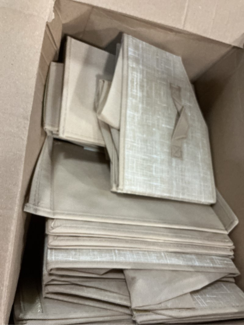 Condition photo showing As Is for songmics set of 6 storage baskets, foldable storage bins, fabric boxes, 15.7 x 11.8 x 7.9 inches, closet storage organizers, 3 handles, for bedroom, living room, summer sand urfb0140k01