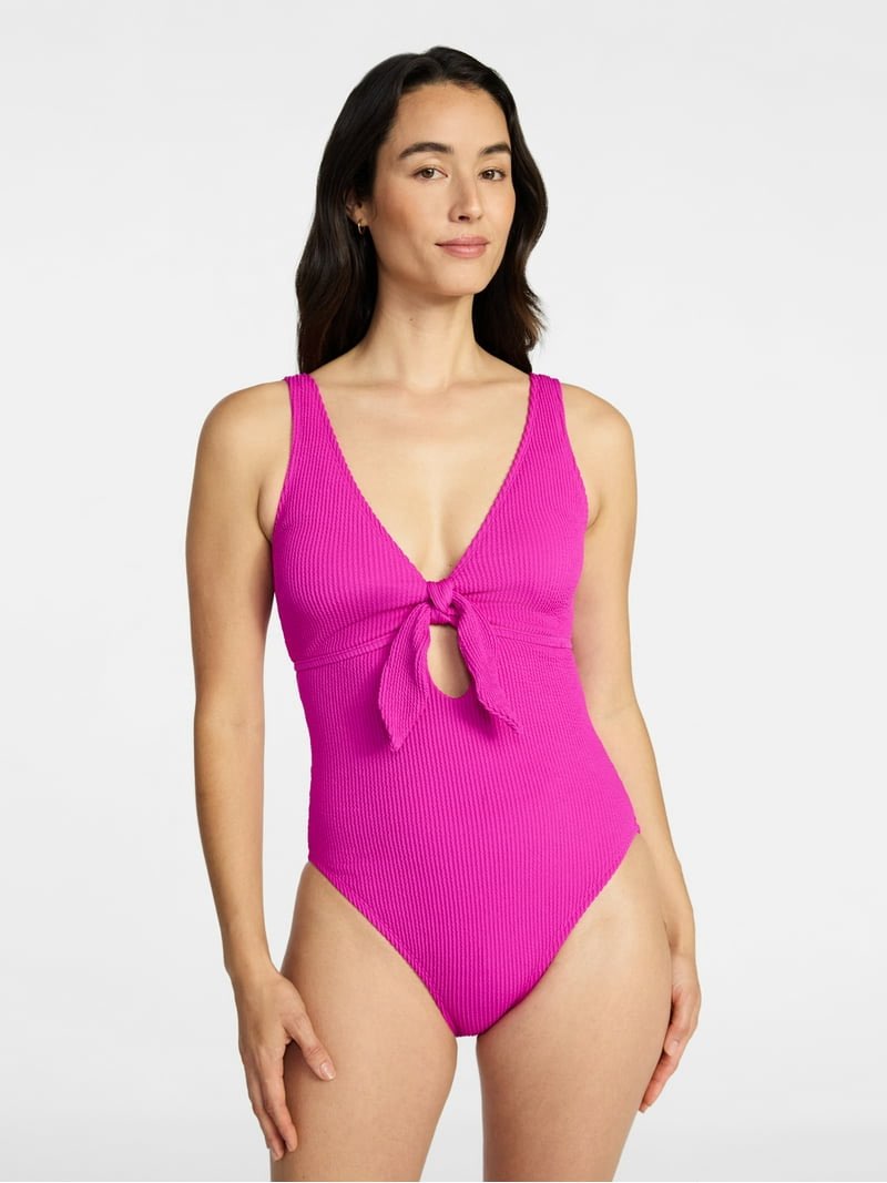 time and tru women's and women's plus size crinkle plunge tie front one piece swimsuit, size m
