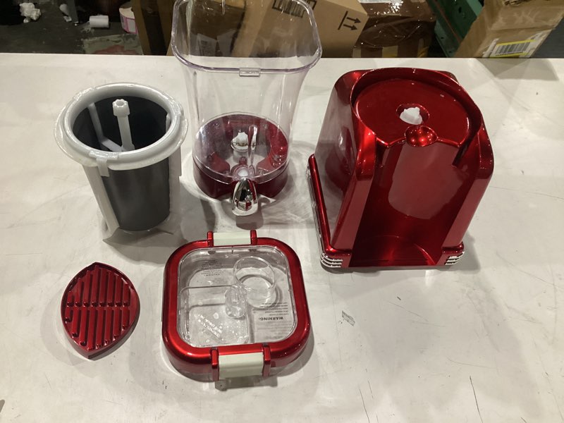 Condition photo showing As Is for **untested** nostalgia frozen drink maker and margarita machine for home - 32-ounce slushy maker with stainless steel flow spout - easy to clean and double insulated - retro red 32 ounce metallic red frozen slush