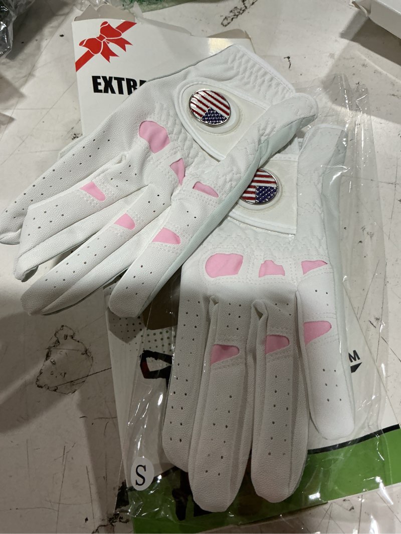 Condition photo showing Good Condition for amy sport golf gloves women with ball marker | premium cabretta palm feel, 2 pack/1 pair available for ladies golfers, reliable grip in all weather soft fit & durable pink-2 pack-worn on left hand small