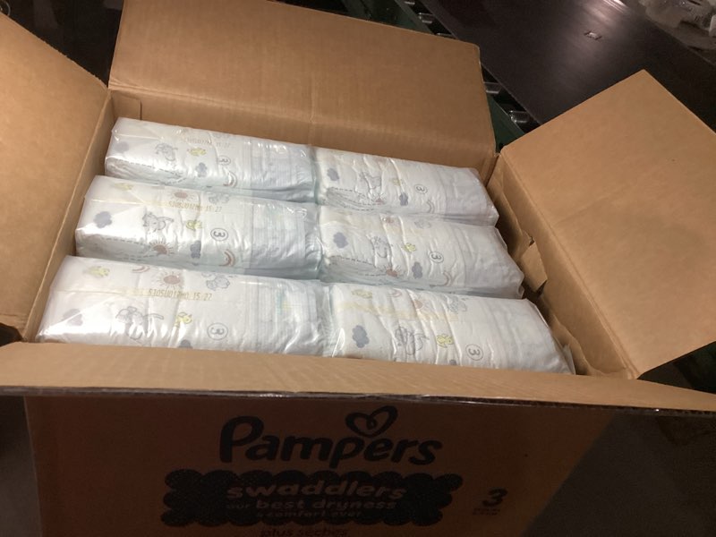 Condition photo showing New/Like New for pampers swaddlers diapers, size 3 (13-26 lbs), 168 count, absorbent, keeps baby dry and comfortable, skin safe disposable baby diaper size 3 168