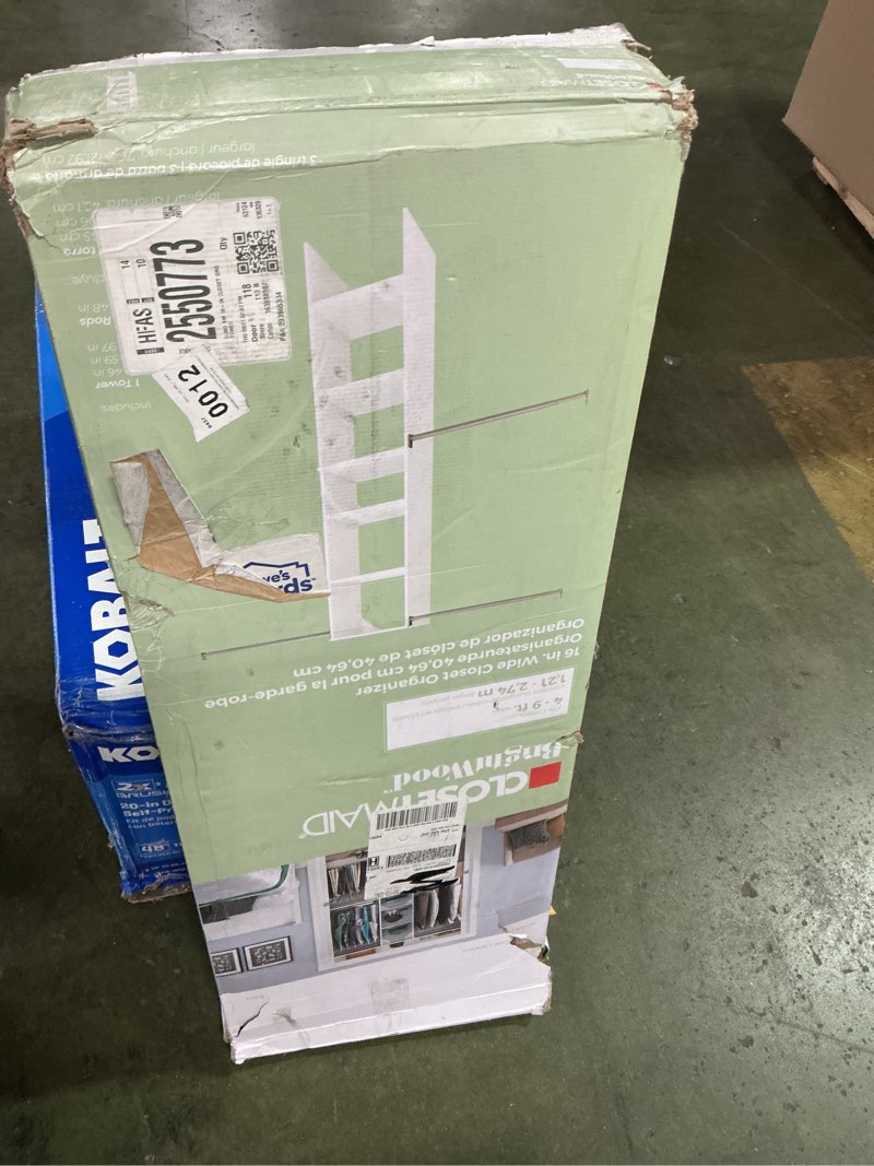 Condition photo showing Good Condition for ClosetMaid SuiteSymphony Wood Closet Organizer Starter Kit Tower and 3 Hang Rods, Shelves, Adjustable, Fits Spaces 5 – 10 ft. Wide, Pure White, 25"