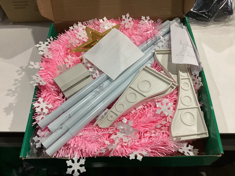 Condition photo showing Good Condition for HMASYO 6 FT Pop Up Tinsel Christmas Tree with 100 LED Timer Lights & Remote, Pink Collapsible Artificial Pencil Tree with Snowflake Ornaments Xmas Decoration for Home, Office, Party, USB Powered 6ft Pink - Snowflakes