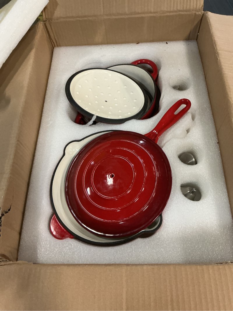 Condition photo showing Good Condition for dvk enameled cast iron cookware set 7 piece dutch ovens non-stick, durable versatile cast iron cookware for family baking cooking enthusiasts