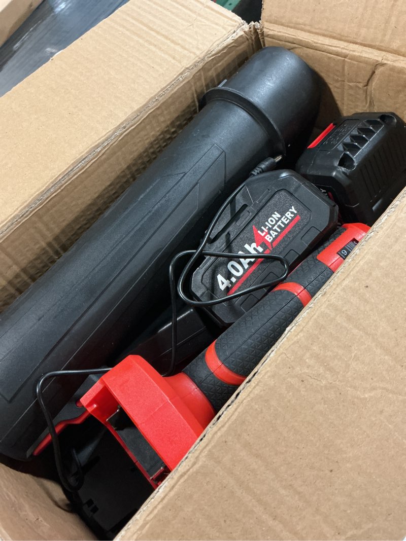 Condition photo showing As Is for fullyea cordless leaf blower, 6 speed modes, 500 cfm/150 mph leaf blower cordless with 3 tubes & 2x4.0ah batteries, battery powered leaf blowers for patio, yard, sidewalk, garage cleaning, lawn care