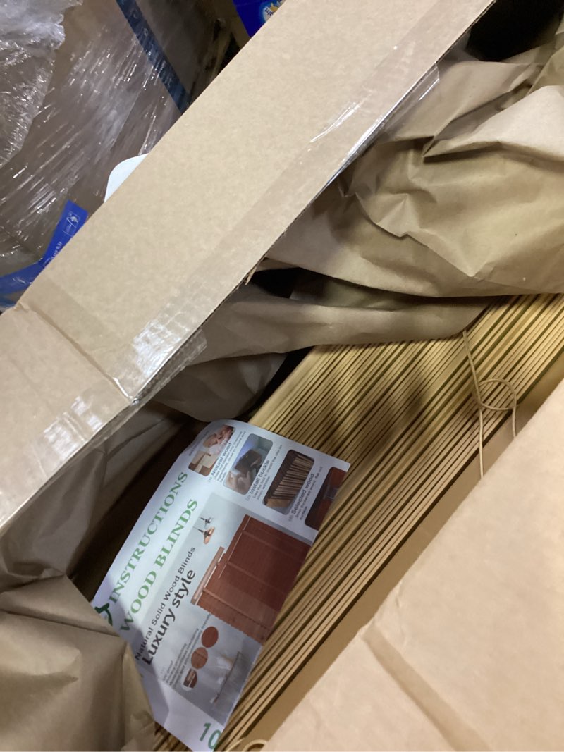 Condition photo showing As Is for 2" Slats Wood Blinds for Indoor Windows: Solid Wooden Blackout Blinds & Shades,Black Out Privacy Horizontal Blinds for Home Bedroom Bathroom Living Room Windows and Doors 22.5" WX48 H Warm Brown Warm Brown 22.5"W x 48"H