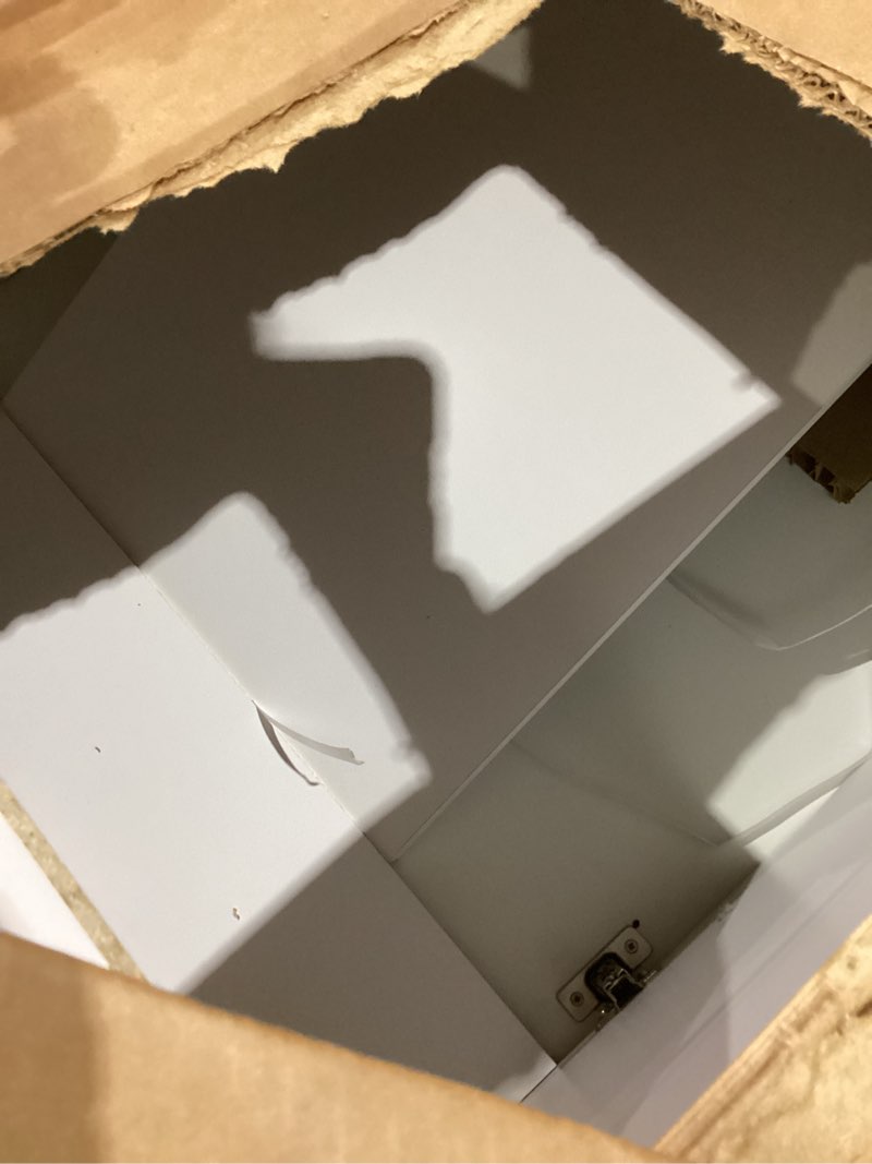 Condition photo showing As Is for project source 30-in white single sink bathroom vanity with white cultured marble top