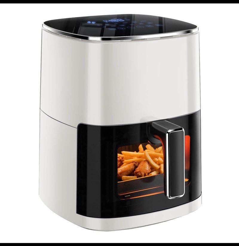 simple deluxe 12-in-1 air fryer 6.34 qt, digital preset airfryer with visible window, nonstick and dishwasher-safe basket, air fry, roast, bake, dehydrate, fries, 1700w, beige