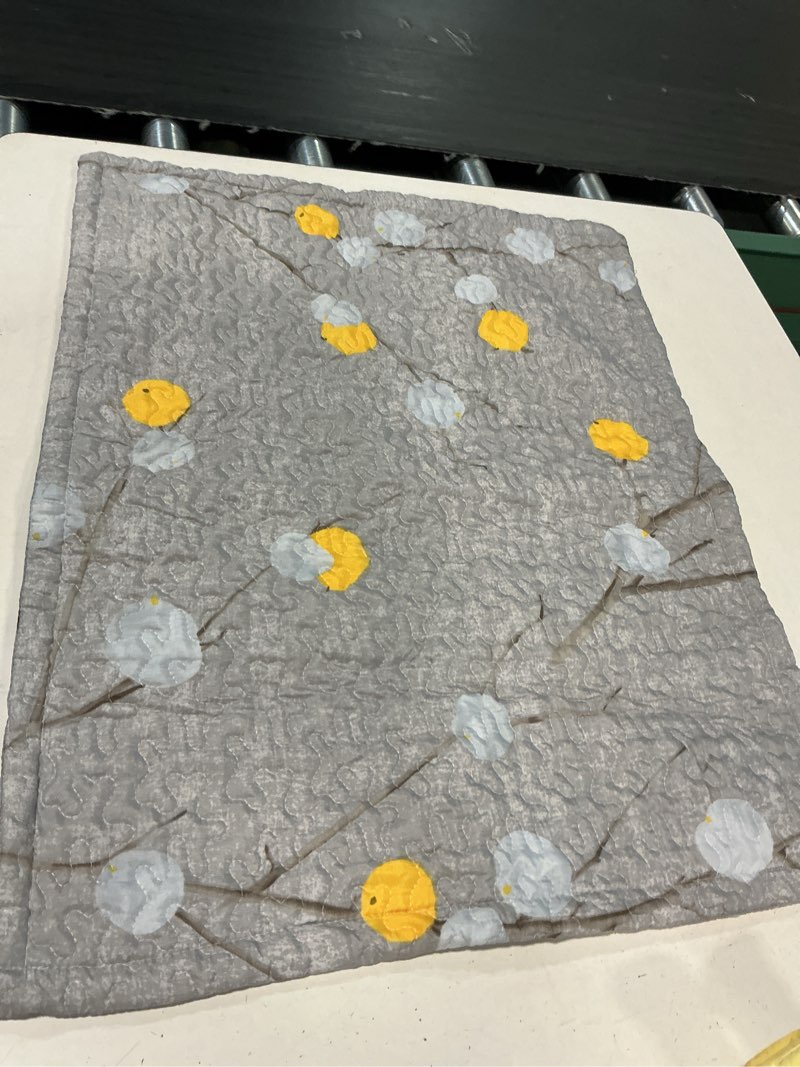 Condition photo showing As Is for durlengen quilt set queen size 3pcs,grey branch with yellow turquoise polka dot pattern,soft microfiber lightweight bedspread for all season layering(queen 90x96,botanical grey)