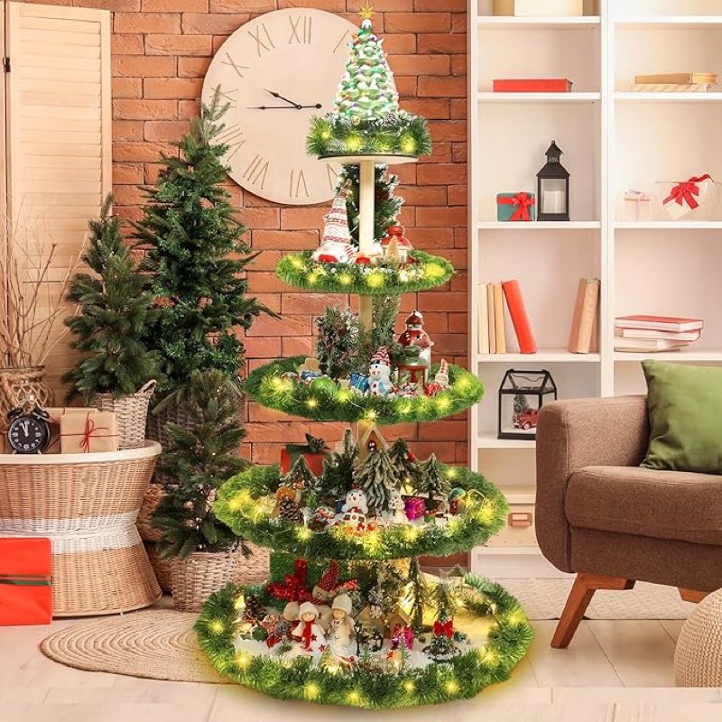 Barydat 5 Tier 59 Inches Metal Christmas Tree Village Christmas Bookshelf Display Supplies Ornament 