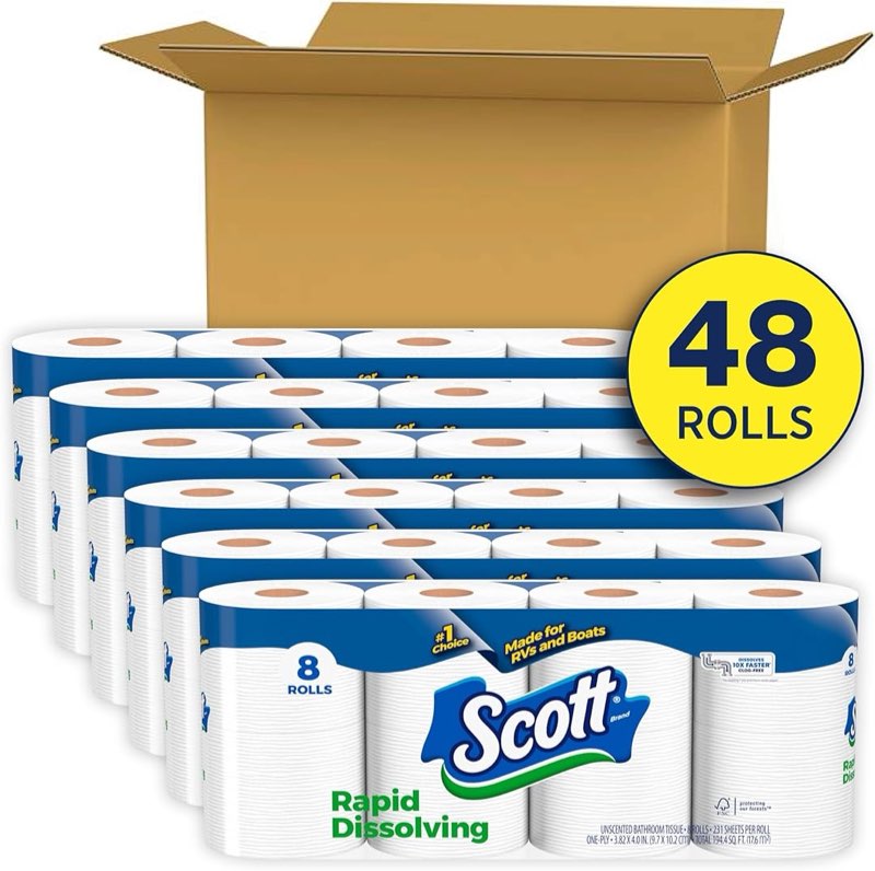 scott rapid-dissolving toilet paper, 48 double rolls (6 packs of 8) = 96 regular rolls, 231 sheets per rolls