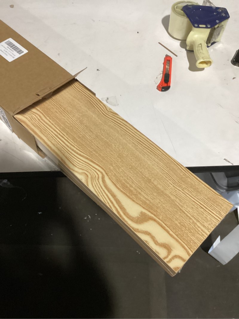 Condition photo showing As Is for Lufia Floating Wall Shelves, Set of 2, MDF with Invisible Brackets, Modern Storage for Bedroom, Bathroom, Living Room, Kitchen (Oak, 28" W X 7" D X 1.5" H) Oak 28" W x 7" D x 1.5" H (2 pieces)?