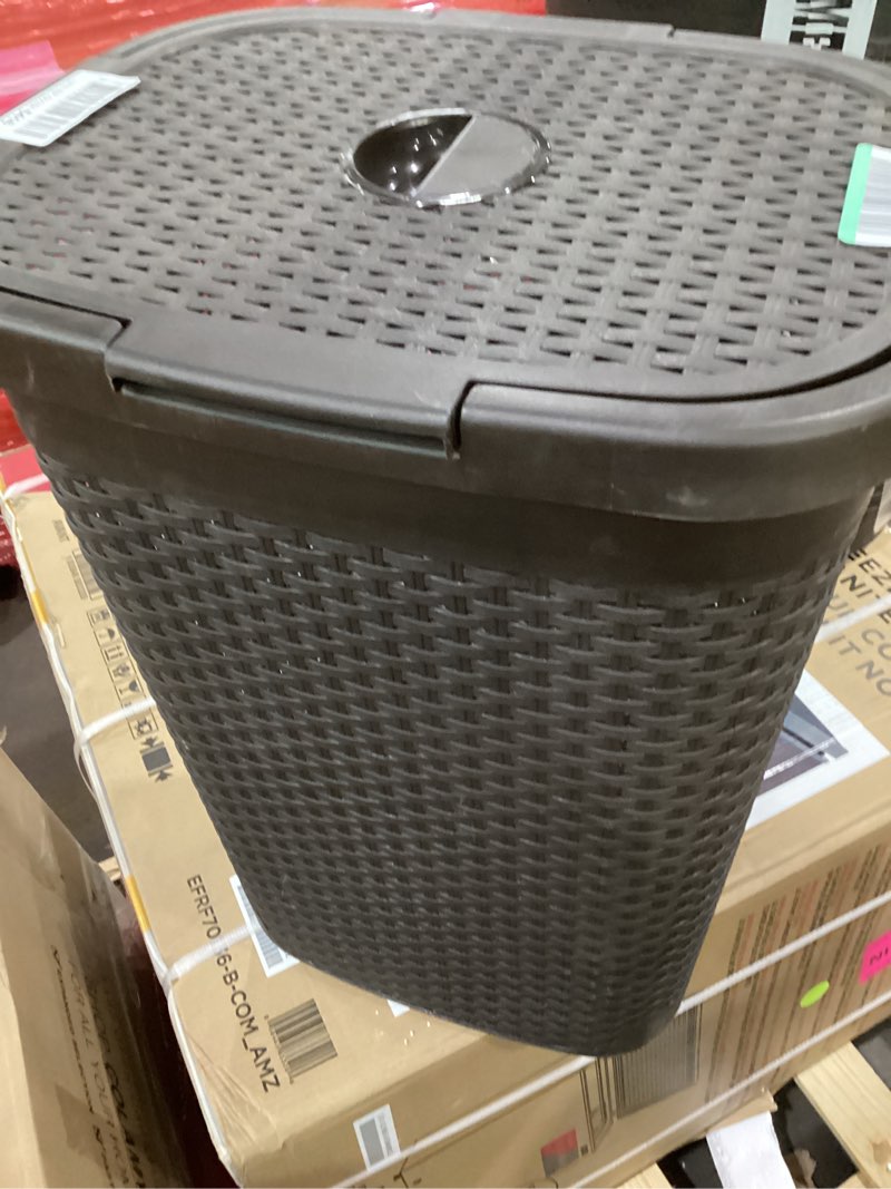 Condition photo showing As Is for Mind Reader Slim Laundry Hamper with Lid, 60L Clothes Basket, Premium Wicker Design, Plastic, Brown