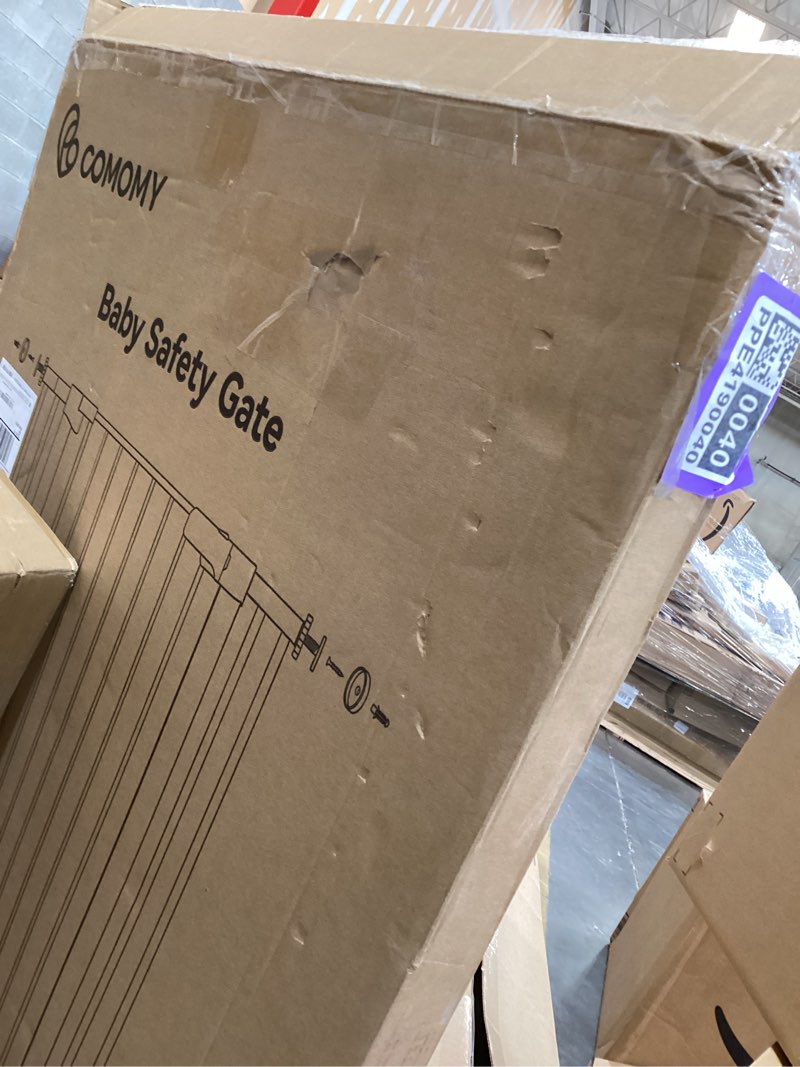 Condition photo showing As Is for comomy 36" extra tall baby gate for stairs doorways, fits openings 29.5" to 43.3" wide, auto close sturdy safety dog gate for house, pressure mounted easy walk through pet gate with door, white 36"tall 43.3"wide white