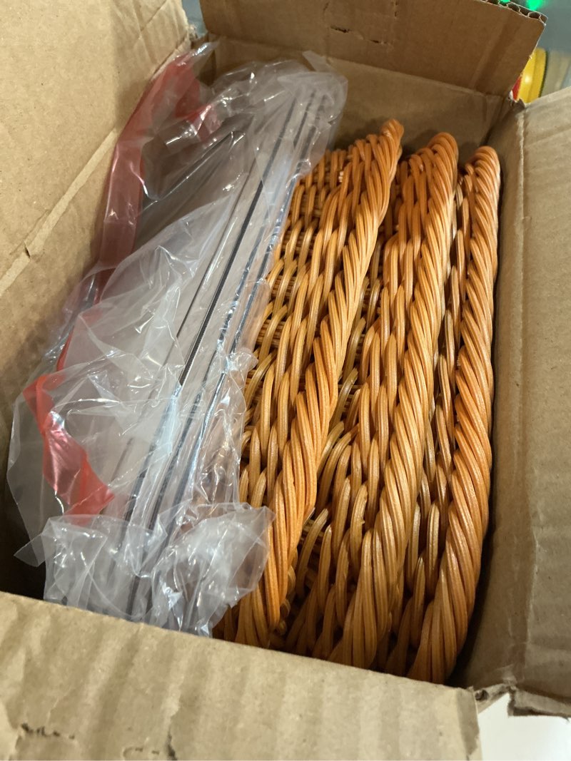 Condition photo showing New/Like New for rattan bread baskets, 3 pack, rectangular woven baskets with acrylic lids, 13.8 x 9.8 inches, stainless steel tongs, lace doilies, for bread, fruit, food display
