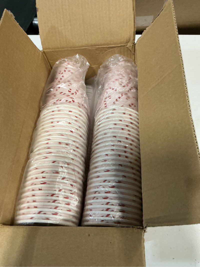 Condition photo showing New/Like New for JarThenaAMCS 50Pcs Christmas Coffee Cups with Lids Sleeves 16oz Red Pink Candy Cane Bow Paper Cups Disposable To Go Coffee Cup for Cafes Shops Cappuccino Chocolate Beverage Cocoa