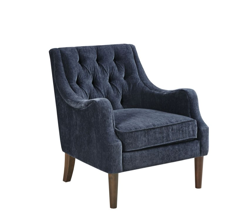 Madison Park Qwen Upholstered Accent Chair with Solid Wood Legs, Button Tufted, Round Arms, Removable Seat Cushion, Transtional, Pipped Padded Cushion Seat Bedroom Lounge Comfy for Reading, Navy